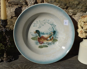1932 French Ironstone Duck Bowl, &quot;St Amand&quot; Beautiful Duck In Pond Design Heavy Ironstone Serving Bowl, Stained Ironstone Duck Bowl - Bowl A