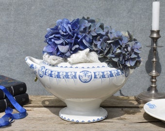 1900 French Porcelain Tureen, &quot;K G Luneville&quot; Stylish Art Nouveau White Porcelain Tureen + Royal Blue 3 Leaf Clover Dec, Quirky & Beautiful!