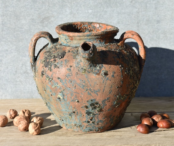 Antique French Clay Oil Jar: 1800s Walnut Oil Amphora, Textured Patina