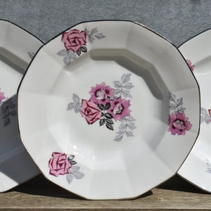 1950s SET 3 French Pink Roses Porcelain Bowls, Beautiful &quot;Limoges&quot; White Porcelain Soup/Salad/Starter Bowls & Pink Roses &quot;Pop Art&quot; Retro Dec