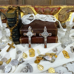Miss Matched Pair Of St Benedict Silver Metal And Wood Crucifixes, Pair Of Chrome & Hard Wood Crosses, Two Beautiful St Benedict Crucifixes.