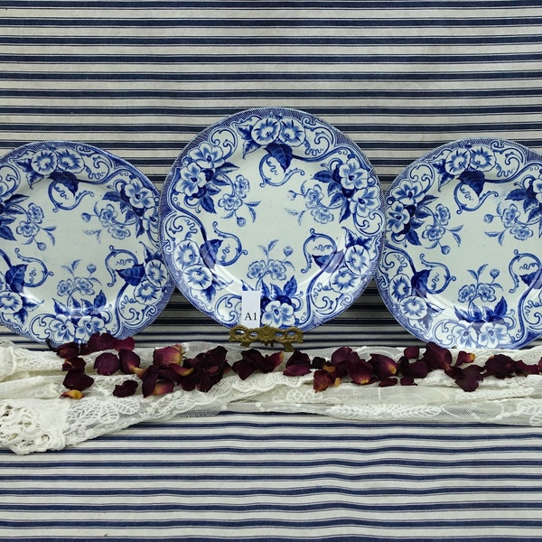 Set Of Three Creil Et Montereau Salad Plates, 1850's "Floral" Pattern Set Of Three 9" Dinner Plates, Terre De Fer Three Matching Plates, VGC