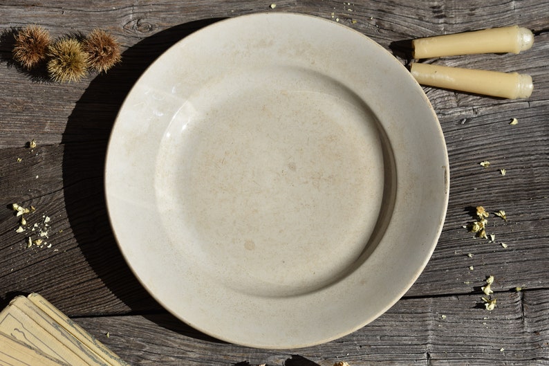 Lovely Old Tea Stained Large Round Plate Antique French Ivory Ironstone Round Serving Plate Badonviller c1930 Ironstone Round Platter