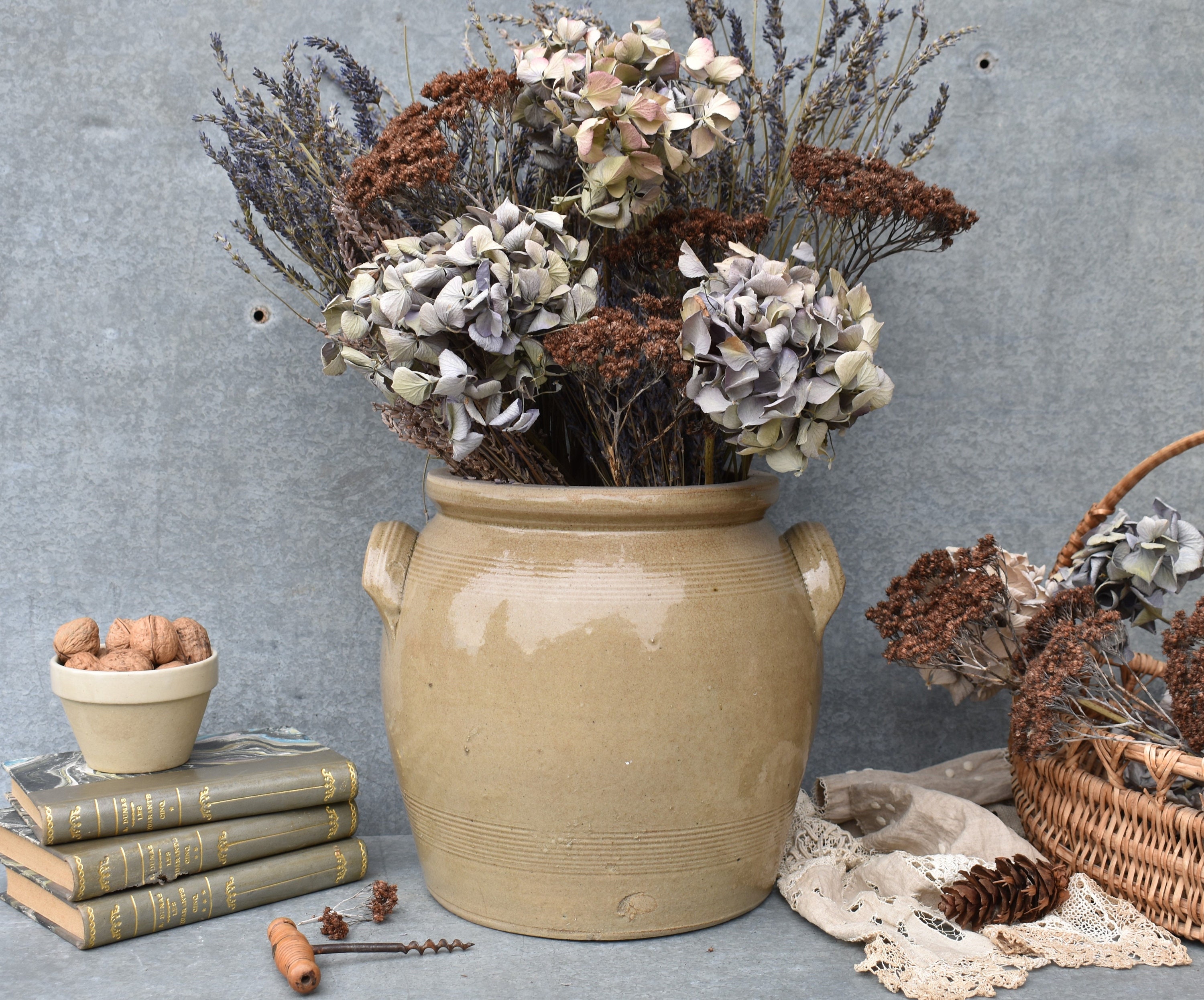 10 Antique Français Beige Stoneware Confit Pot, Xl Crock, Rustic Pot Pour Ustensiles, Farmhouse Vase