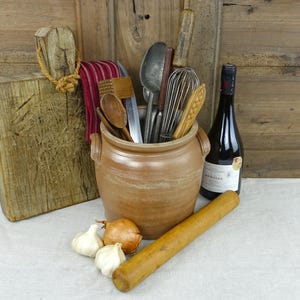 Lovely Mocha Toned Confit Pot, French Stoneware Utensil Pot, Mid Century Kitchen Storage Jar, Country Kitchen Decor, Great Patina And Wear.