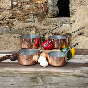 French Copper Saucepan SET, 4 Vintage French Quality Copper Pans With Good Tin Linings, Cast Steel Handles, Fully Usable Copper Pan Set