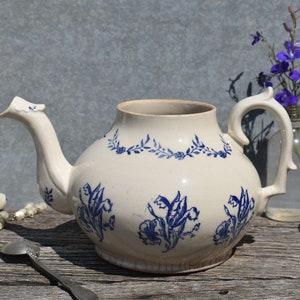 19th French Blue & White Stoneware Teapot, &quot;St Vallier&quot; (St Uze) Lovely Gray/White Stoneware Teapot + Cobalt Blue Floral Dec, Cutely Crazed!