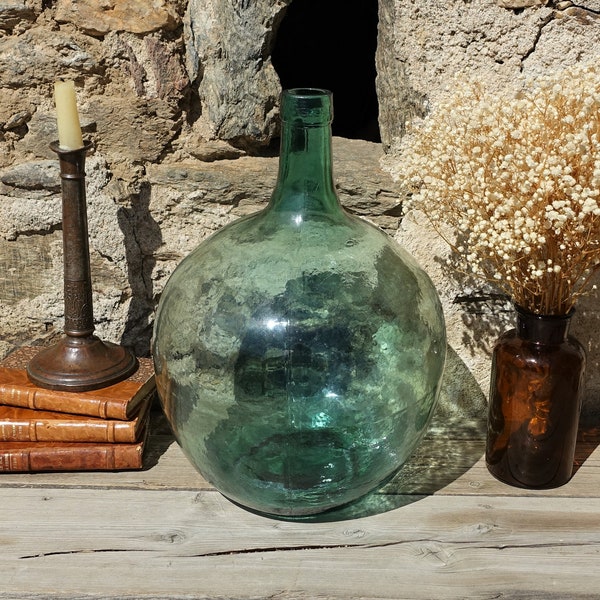 Vintage French Green Glass Demijohn, 17" Large Green Glass Wine Bottle, Lovely Flaws, Bubbles & Dimples, French Emerald Green Glass Carboy