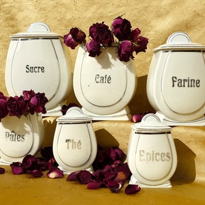 Vintage French Found Porcelain Kitchen Storage Canisters, Vintage Condiment Containers, Vintage Kitchen Storage, Set Of Six With Four Lids.