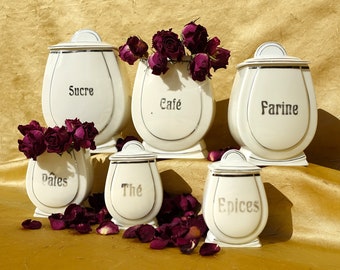 Vintage French Porcelain Kitchen Canister Set: Silver Deco Condiment Jars