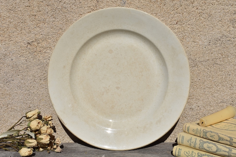 Lovely Old Tea Stained Large Round Plate Antique French Ivory Ironstone Round Serving Plate Badonviller c1930 Ironstone Round Platter