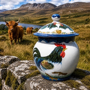 Può includere: Un barattolo in ceramica bianca con coperchio, caratterizzato da un gallo dipinto a mano con piume verdi, nere e rosse sul corpo. Il coperchio è decorato con foglie di agrifoglio verdi e bacche rosse, rifinito con un bordo blu e un pomello.