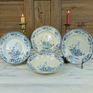 Longwy Azalea Plate & Bowl Set, Three Plates And One Bowl In Blue And White Transferware, Art Nouveau Late 19th Early 20th French Tableware