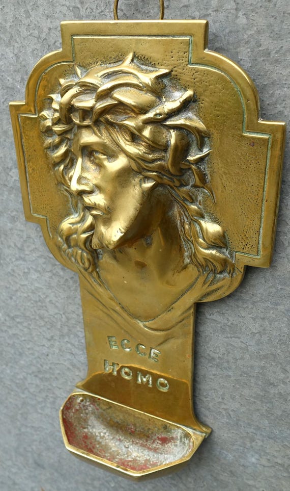 アンティーク真鍮製聖水盤：イエス・キリストのレリーフ、フランスの