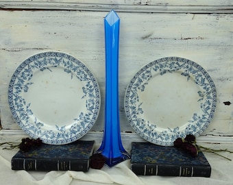 May include: Two vintage blue and white porcelain plates with floral designs and a tall, cobalt blue glass vase.