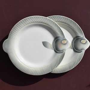 Pair of French Fish Plates, A Charming Duo of French &quot;Digoin & Sarreguemines&quot; Ceramic Flat Fish Shaped Plates, Grey White Glazed Fish Plates
