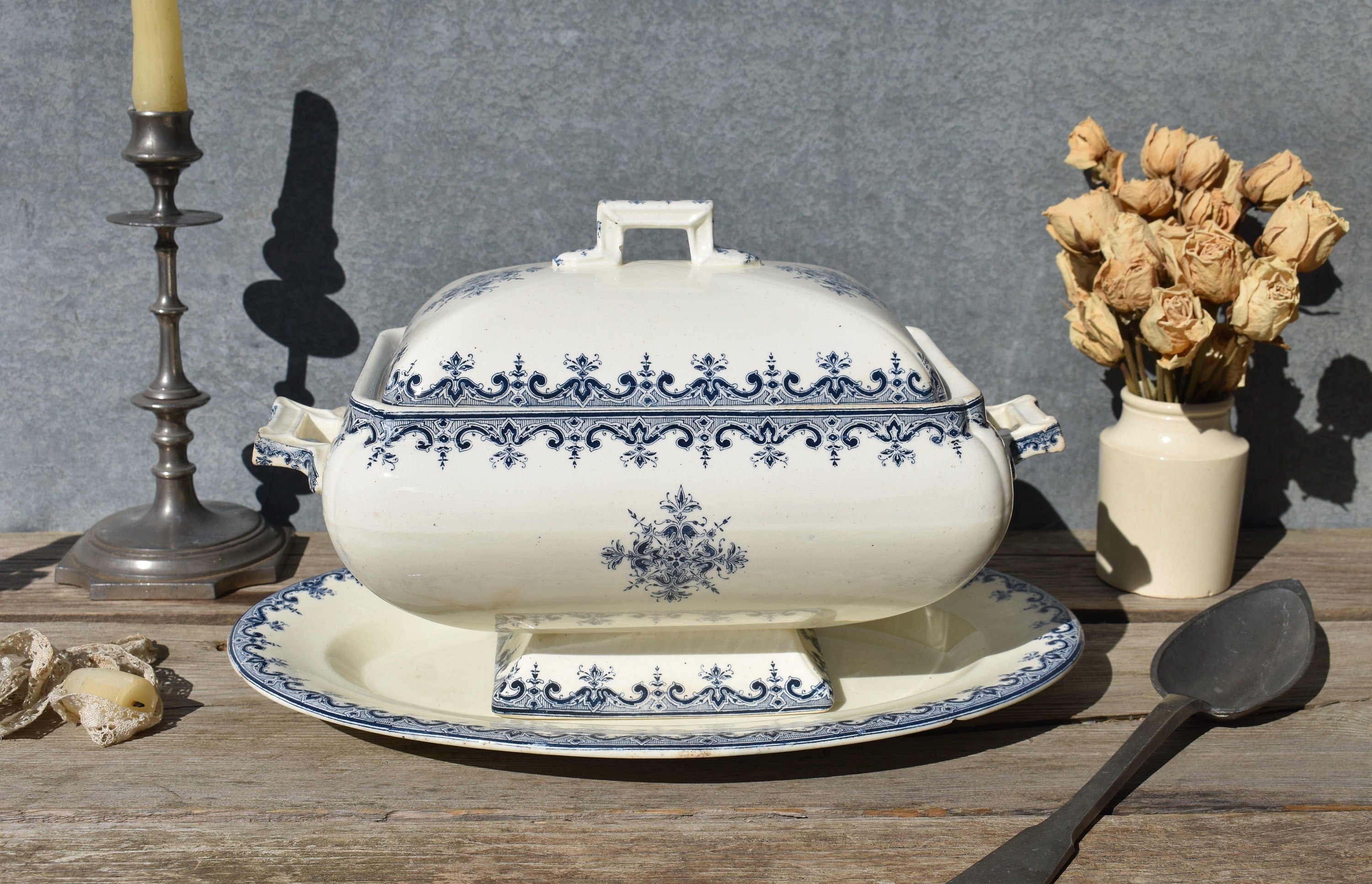 1900 Rare Français Ironstone Veg Tureen & Oval Carver, Luneville Art Nouveau Dk Blue Transfer Dec, S