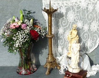 French 24&quot; Church Candlestick, Brass Shabby Single Altar Candlestick, Beautiful Brass Pricket Candlestick, Wonderful Church Altar Stick.