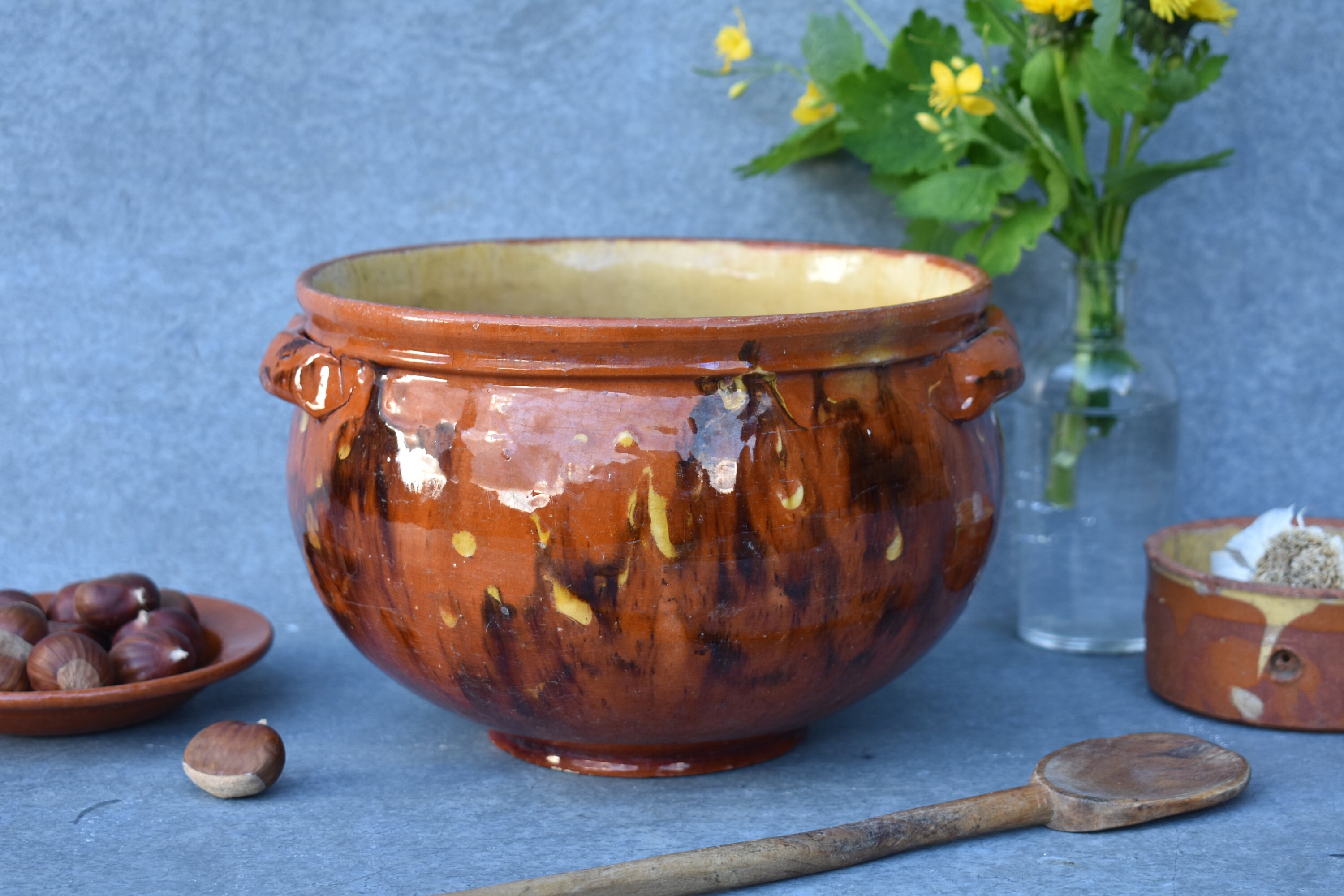 1900 Rare Français Faïence Émaillée Tureen, Un Bel Effet de Marbre Pot Provincial Rustique Émaillé, 