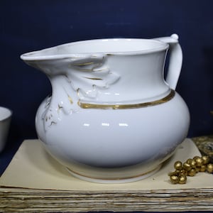 1800s French Porcelain Water Pitcher: Antique White Paris Porcelain Jug