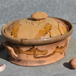 Antique French Oval Paté Terrine, Beautiful Traditional Ochre Glazed Earthenware Lidded Terrine & Honey Dribbled Glaze, Timeworn Dark Patina