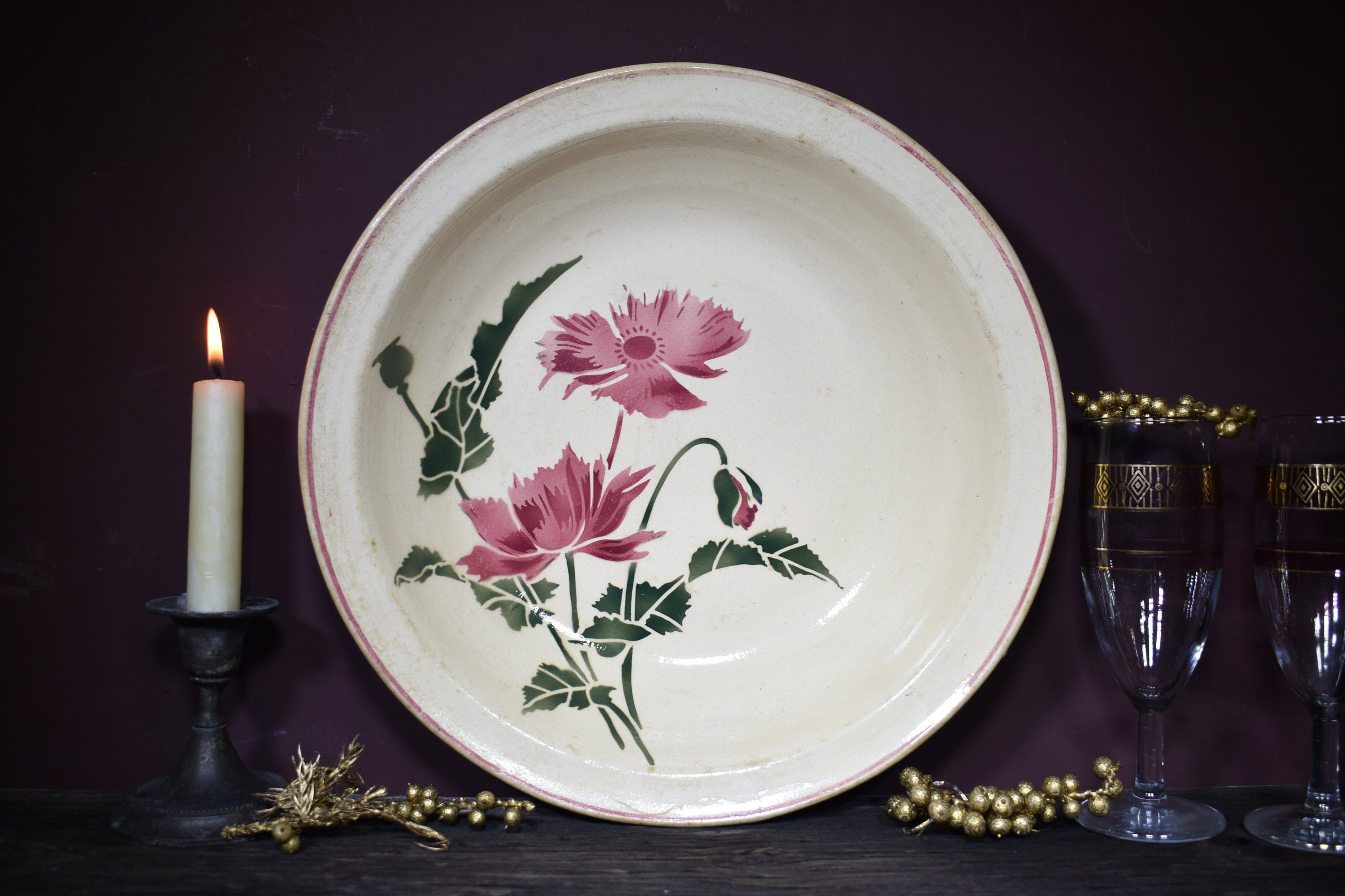 1930S Français Ironstone Shallow Bowl, Creil & Montereau Joli Art Déco Grand Bol de Service, Pochoir