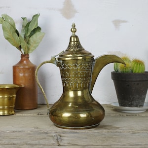 Vintage 11&quot; Brass Pitcher, Beautiful Shapely Ethnic Engraved Brass Water Pitcher, Adorable Lidded Spout, Good Tin Lining, Brass Aftaba