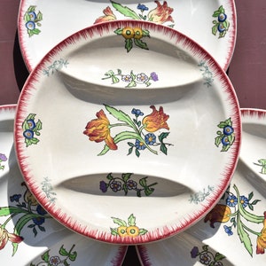 1900s 4 French Ironstone Asparagus Plates, SET 4 RARE "Longwy" Ironstone Asparagus Plates, Pretty Tulip & Flowers Decor, Design "Marseille"