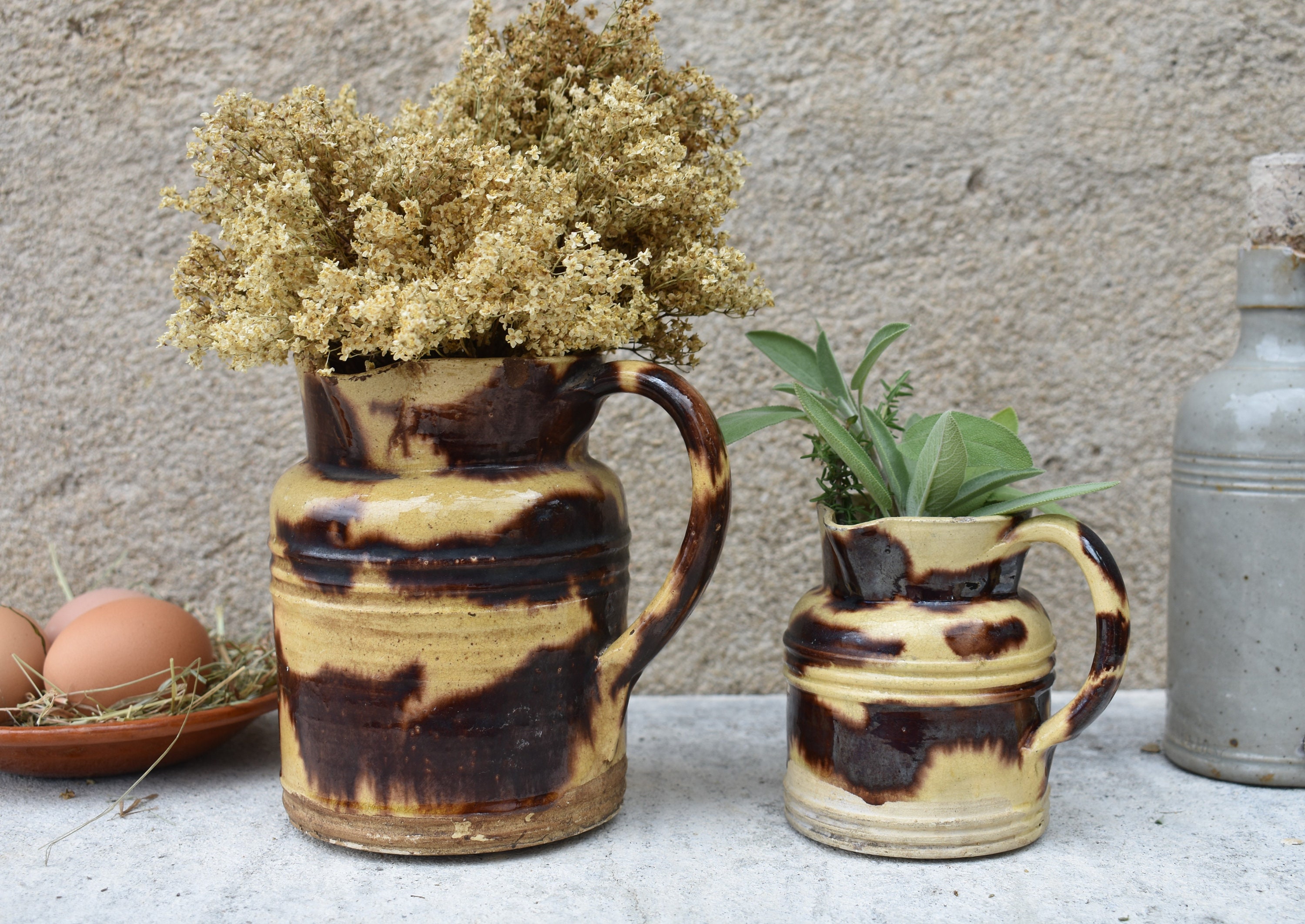 Paire Français Pichets en Argile d'art Populaire, de Poterie Émaillées Traditionnels Se France Effet