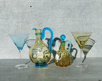 Antique French Blue & Amber Glass Collection, 2 Decanters Hand Blown Glass + 2 Champagne Coupes, French Liqueur Decanters Cocktail Glass Set