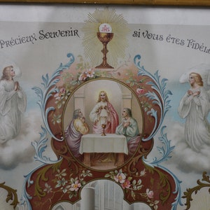 Hermoso certificado de recuerdo de bautismo, comunión y confirmación enmarcado grande francés de 1908, hermosos colores con detalles dorados, ¡estilo shabby chic!