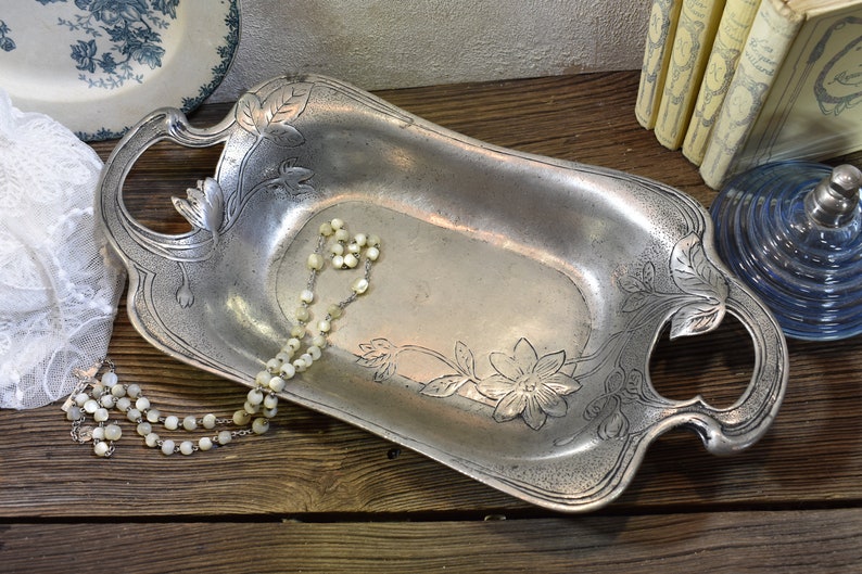 Antique French Beautiful Pewter Tray Vintage Art Image 0