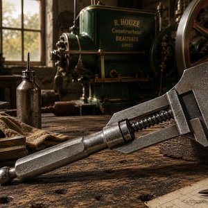 May include: A heavy-duty metal adjustable wrench with a hexagonal handle and a ball-end, featuring the number 30 stamped on the handle and head. The tool has a weathered, dark grey finish and a visible threaded adjustment mechanism for the jaw.
