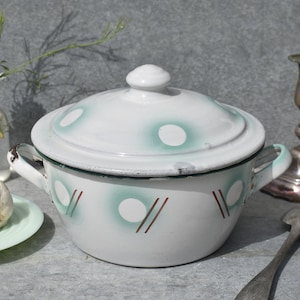 1930s French Enamel Casserole Dish, Art Deco White & Green Stencil Circles + Lines Pretty Enamel Pot, French Green/White Enamel Dutch Oven
