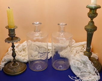 Antique French Pharmacy Bottles: Clear Glass Apothecary Jars, 12" Tall