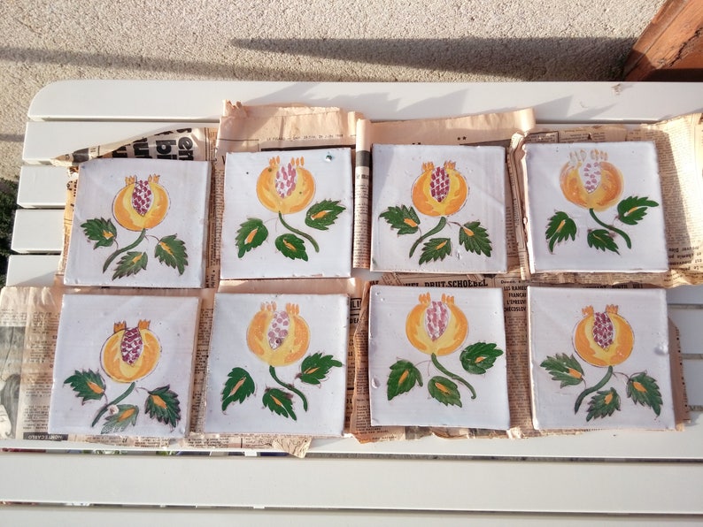 8 French Vintage Handmade Handpainted Ceramic Tiles Etsy