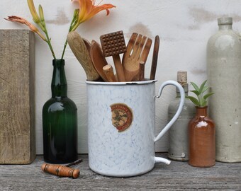 1950s French Enamel Irrigator, White Enamel & Blue Marbling, "Eagle" Brand Enamel Enema Jug, Enamel Utensil Holder, French Enamel Planter