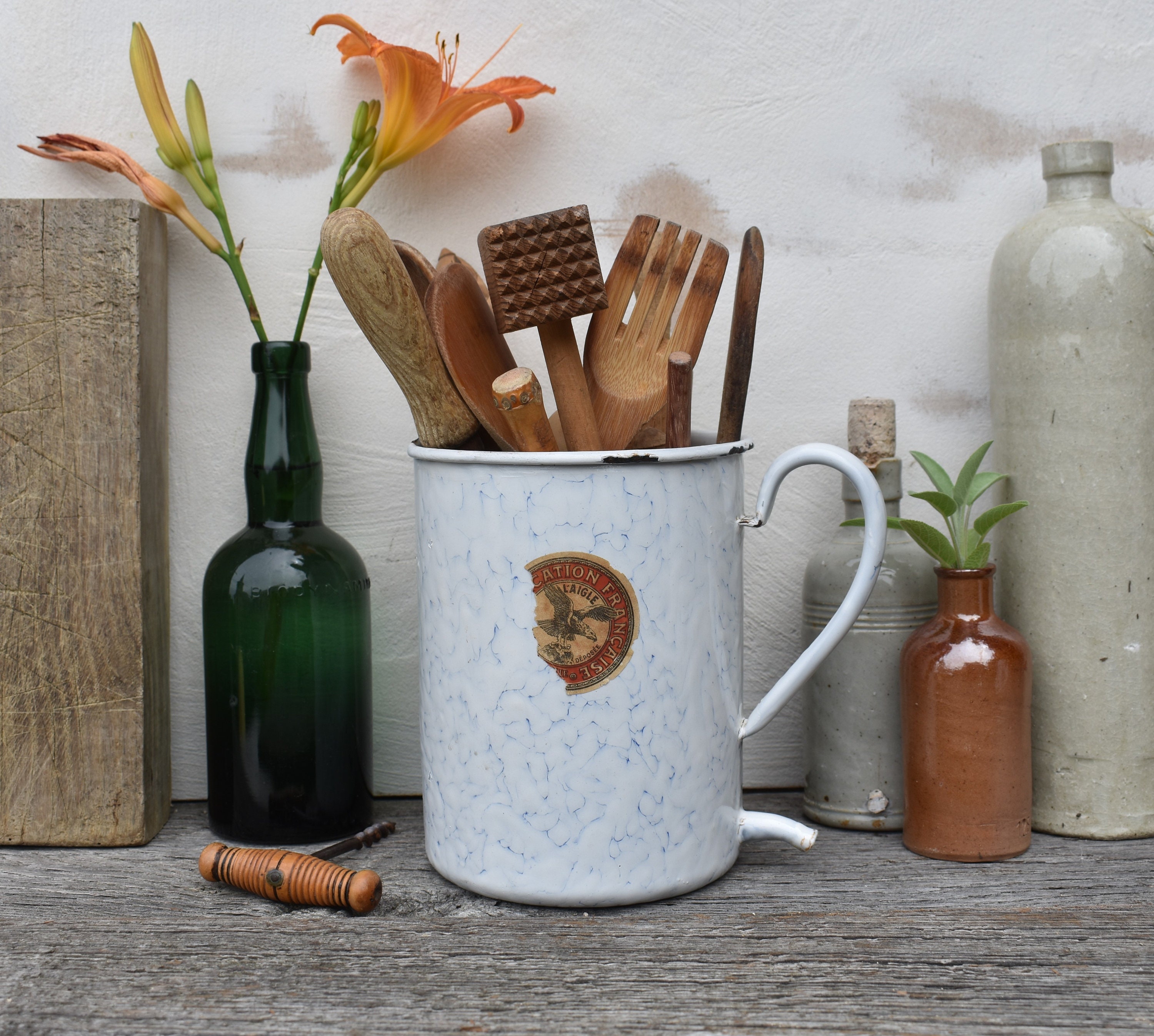 Irrigation / Enema / Douche Jug Vintage French Enamelware, Wall