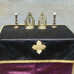1930s French Small Altar Cloths, PAIR Antique Handmade Black & Purple Moiré Silk, Gilt Metallic Trims, 2 French Home Altar Cloths