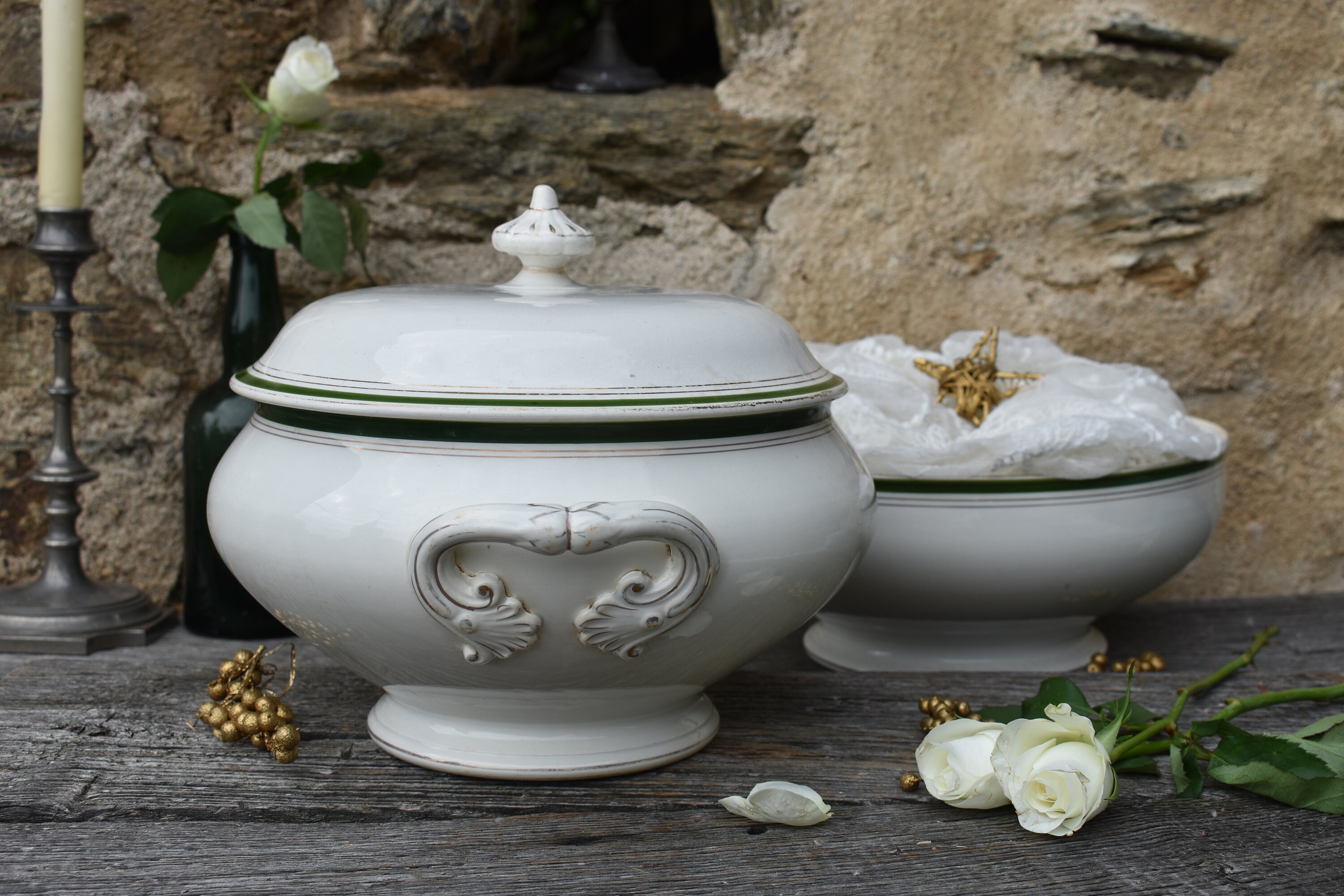 Français Ironstone Tureen + Saladier, Français Digoin Céramique Blanche & Bande Dorée Verte, Soupe B