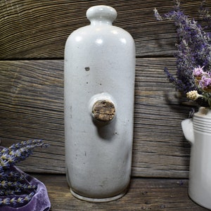 Antique French Gray Stoneware Hot Water Bottle, 19th C Primitive Stone Bottle, Ancient Pottery Bed Warmer, Rustic French Gray Country Decor