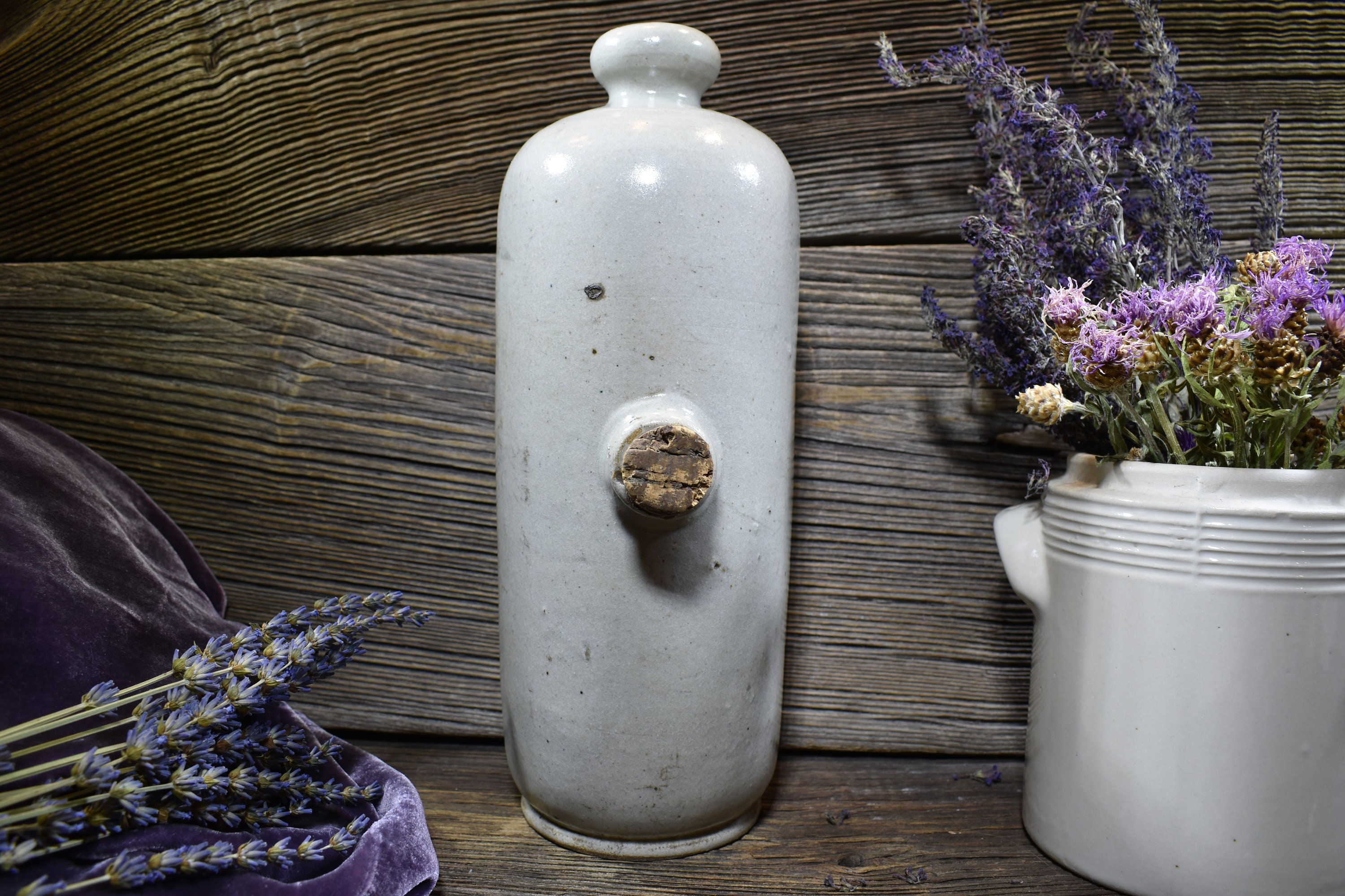 Ancienne Français Bouteille d'eau Chaude en Grès Gris, Bouteille Pierre Primitive Du 19Ème Siècle, C