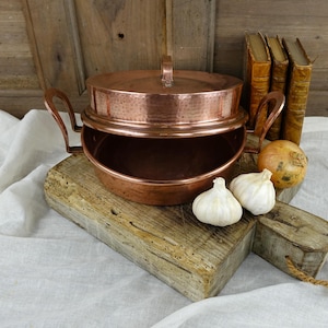 Antique French Copper Cooking Pot & Lid, 19th C Copper Tourtière, French Copper Pie Dish, Handcrafted Antique French Copper Casserole Dish