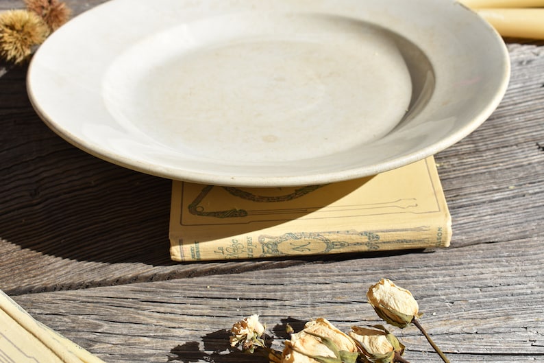 Lovely Old Tea Stained Large Round Plate Antique French Ivory Ironstone Round Serving Plate Badonviller c1930 Ironstone Round Platter