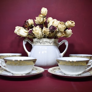 1950s French Cup & Saucer Set, 4 "St Amandinoise" Demi-Porcelain Cups, Saucers + Sugar Pot/Vase, Pretty Off White Set, Gilt and Cream Decor