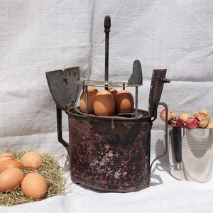 1800s Rare French Egg Boiler, Napoleon III "Oeufrier" Toleware 12 Egg Cooker & Server, Shabby Chic Red/Black Metal, Acorn Finials, Ball Feet