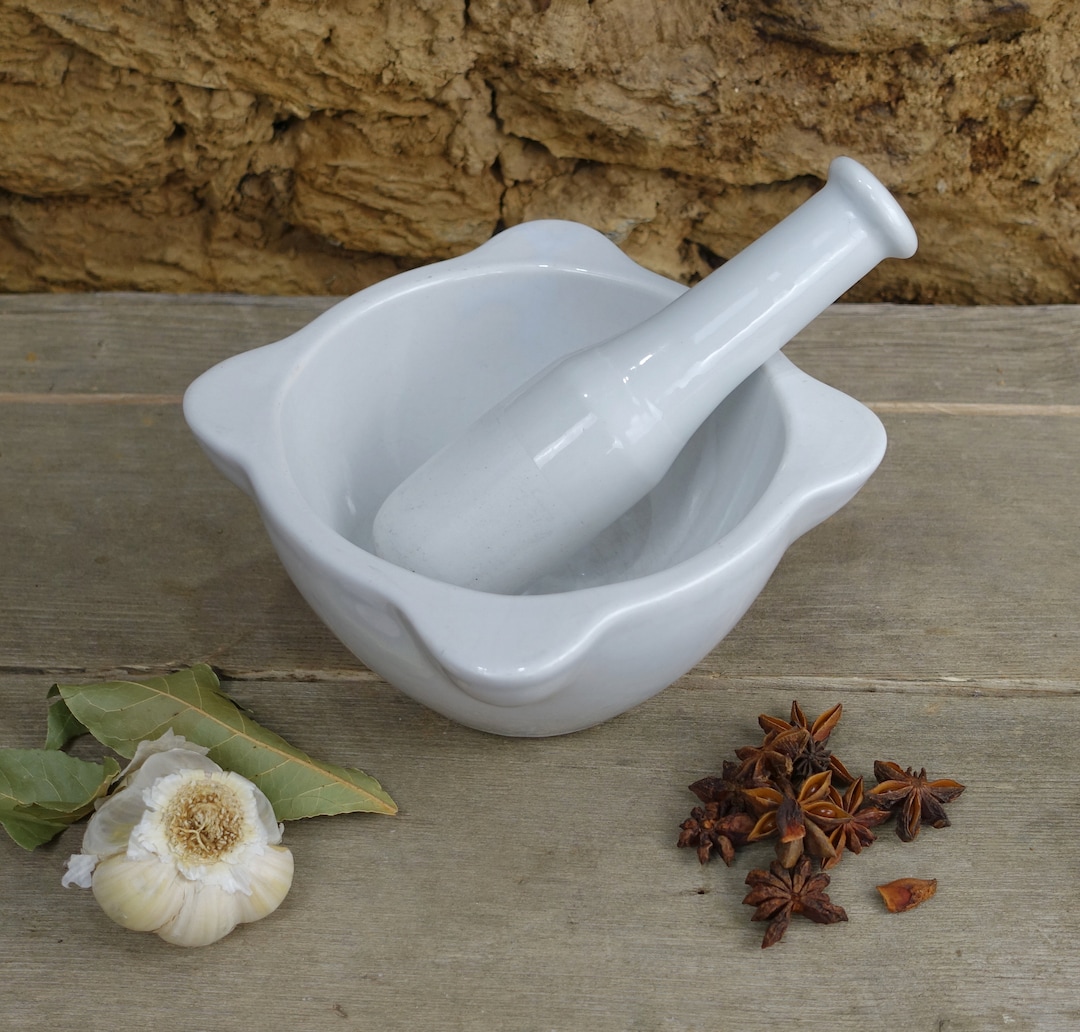 Early 20th French Porcelain Pestle & Mortar, Traditional Medium Sized