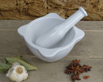 Antique French Porcelain Mortar and Pestle: Kitchen Spice Grinder