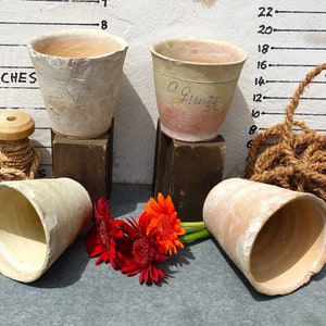 Może przedstawiać: Cztery doniczki z terakoty, dwie z białą farbą i dwie z brązową farbą, są ułożone na stole z linijką w tle. Doniczki są różnych rozmiarów i mają rustykalny wygląd. Są też dwie szpulki sznurka, stos włókna kokosowego i bukiet czerwonych i pomarańczowych kwiatów.