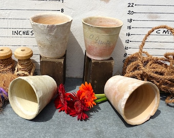May include: Four terracotta pots, two with white paint and two with brown paint, are arranged on a table with a ruler in the background. The pots are different sizes and have a rustic look. There are also two spools of twine, a pile of coconut fiber, and a bunch of red and orange flowers.